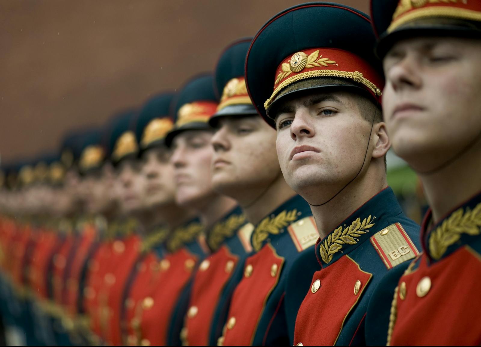 Close-up of Russian soldiers in ceremonial uniforms participating in a parade formation.